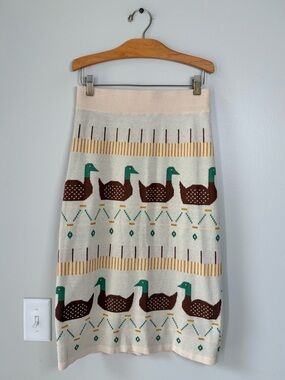 Pepaloves Mallard Duck Novelty Print Knit Midi Skirt Cottagecore Art To Wear